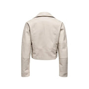 Beige polyester long blazer with zip and v neck for women featuring faux leather cropped moto style with structured shoulders