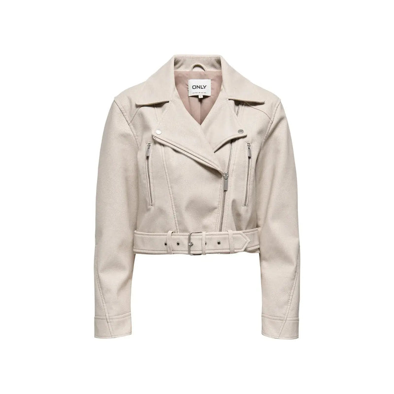 Beige faux leather biker jacket with silver zippers and matching belt paired with beige polyester long blazer with zip and v neck for women