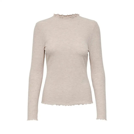 Beige ribbed knit long-sleeved top with ruffled high neckline and hem for women in a round neck sweater style