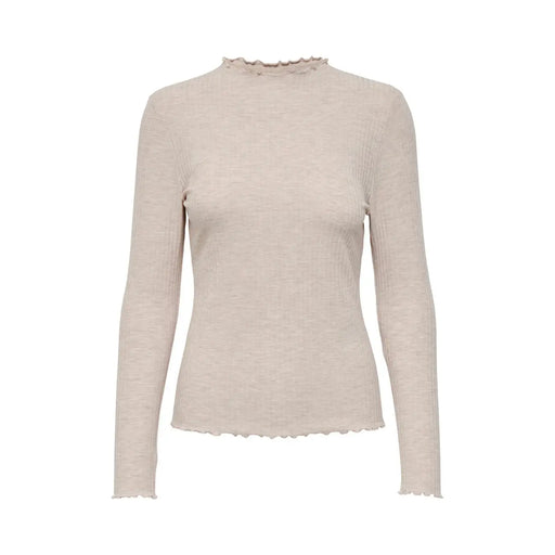 Beige ribbed knit long-sleeved top with ruffled high neckline and hem for women in a round neck sweater style