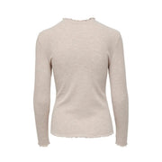 Beige round neck long sweater for women made of ribbed knit with long sleeves and slightly frayed hem and neckline