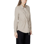 Beige drawstring shirt displayed in Womens Beige Button Down Drawstring Shirt product image