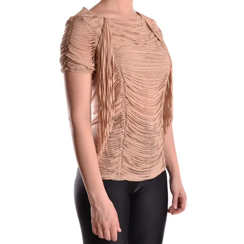 Elisabetta Franchi beige round neck short sleeve T-shirt with ruched and fringed details