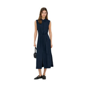 Navy blue sleeveless linen viscose button-up dress with tie waist and collar