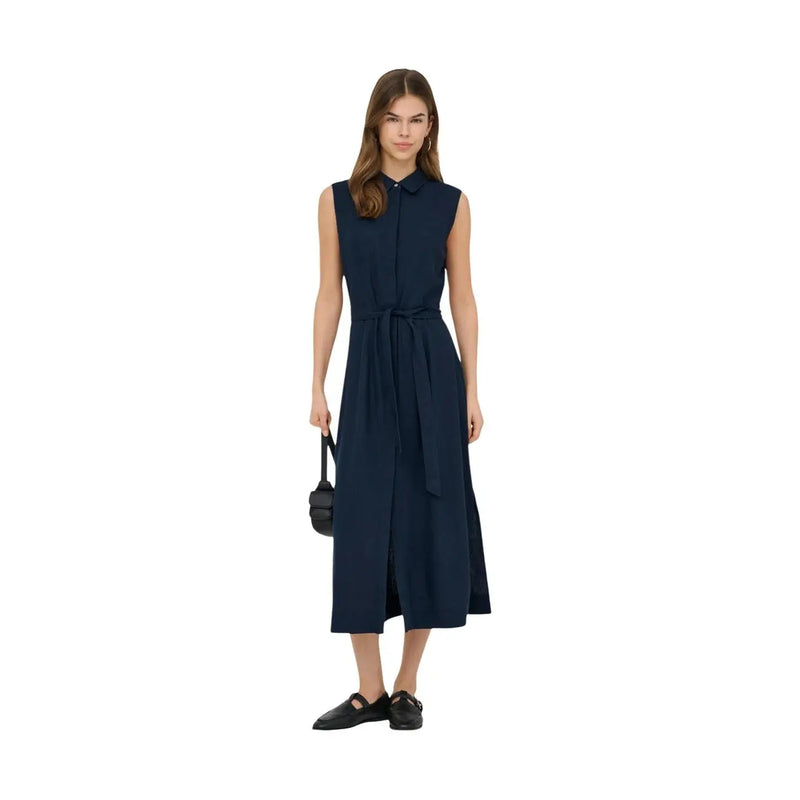 Navy blue sleeveless linen viscose button-up dress with tie waist and collar