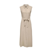 Beige sleeveless linen viscose dress with collar button down front and tied waistband belt for a polished look