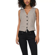 Beige sleeveless V-neck gilet for women, light gray textured vest with black buttons