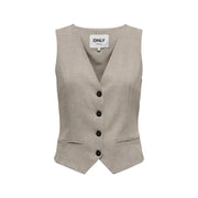 Beige sleeveless v neck gilet for women made of linen with black buttons and subtle textured weave featuring brand label