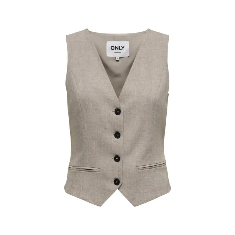 Beige sleeveless v neck gilet for women made of linen with black buttons and subtle textured weave featuring brand label