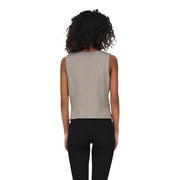 Beige sleeveless v neck gilet for women in light gray linen with subtle texture and straight hemline front view