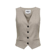 Beige sleeveless v neck gilet for women made of linen with black buttons and subtle textured weave featuring brand label