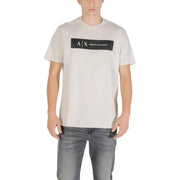 Beige men’s T-shirt with black logo product display
