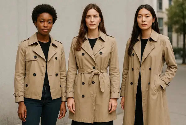 Different trench coat lengths from short to long on models
