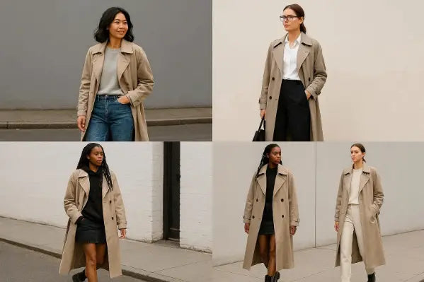 Women wearing trench coats in casual, office, street, and minimalist outfit styles with different lengths and modern fashion combinations