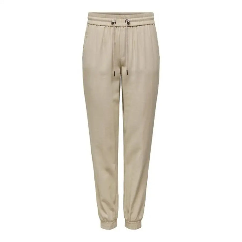 Beige viscose blend trousers with drawstring waistband and elastic cuffs for women