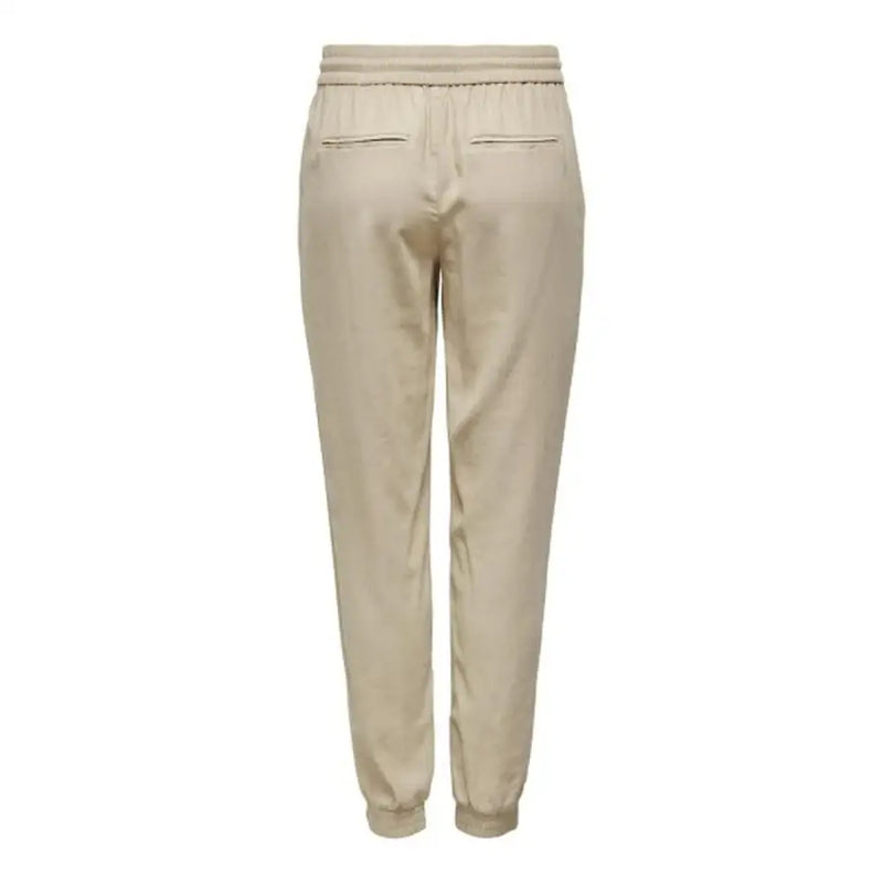 Beige viscose blend jogger trousers with laces, relaxed fit, elastic waist, tapered legs