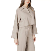 Beige viscose long sleeve round neck blouse for women with cropped button-up design and slightly flared sleeves