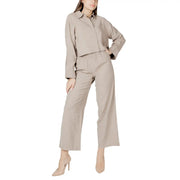 Beige linen-blend button-up shirt with relaxed fit and long sleeves for women in a viscose long sleeve round neck blouse style