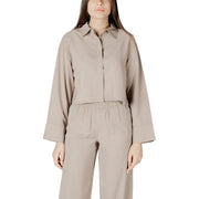Beige viscose long sleeve round neck blouse for women with relaxed fit button-up design and pleated cuffs