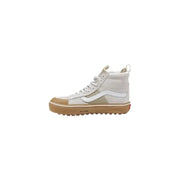 Beige and white high-top Vans women’s leather shoes with brown rubber sole