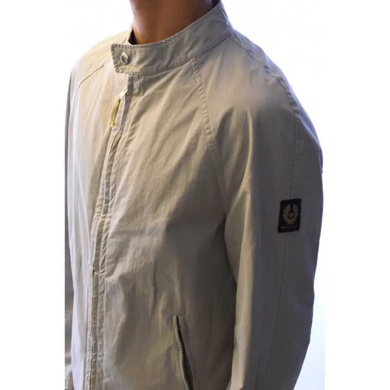 Beach beige Belstaff jacket with a stand-up collar and zippered pockets in men’s grey cotton zip turtleneck blazer style