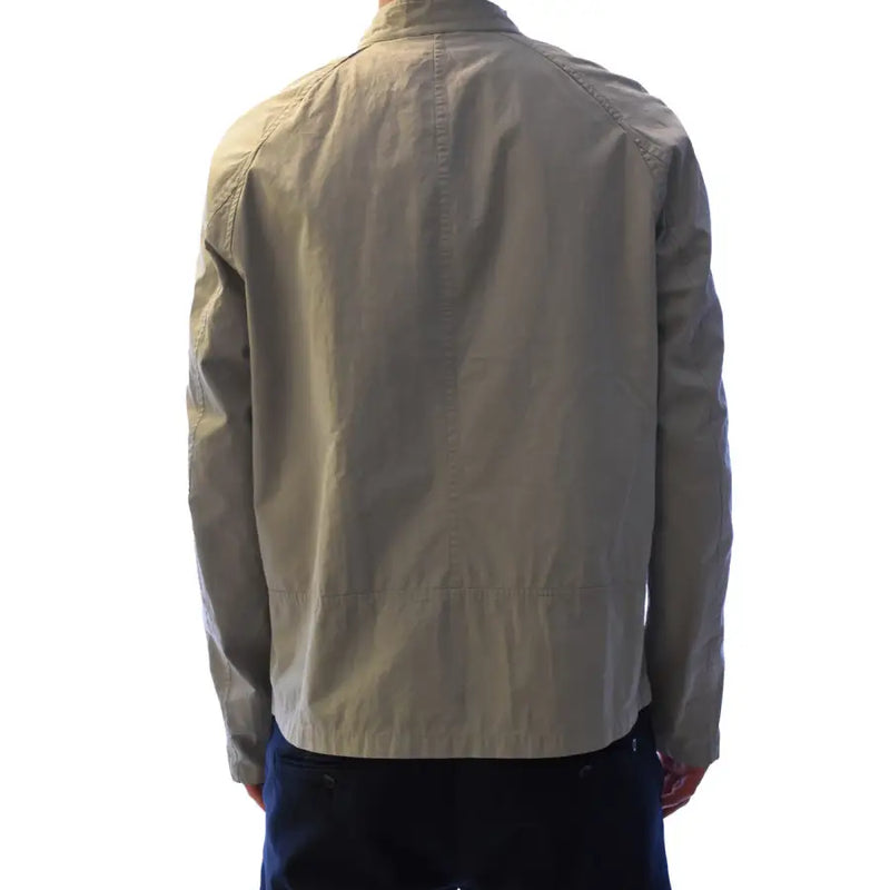 Belstaff men blazer grey cotton zip turtleneck jacket with beige lightweight fabric and subtle stitching details