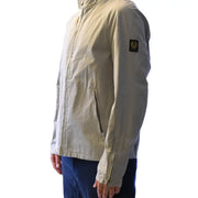 Belstaff men blazer grey cotton zip turtleneck jacket with beach beige textured fabric and black embroidered sleeve logo patch