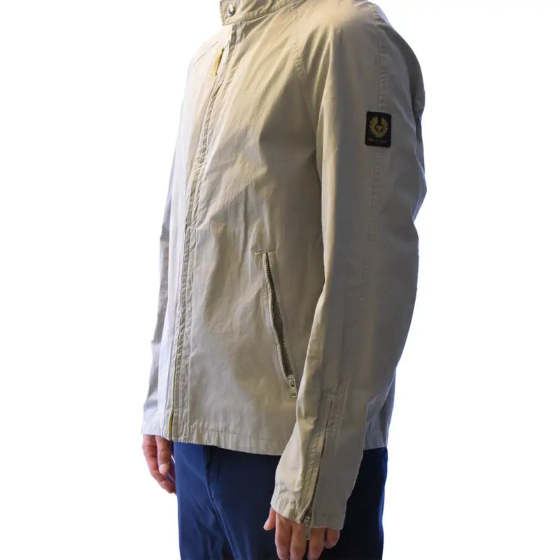 Belstaff men blazer grey cotton zip turtleneck jacket with beach beige textured fabric and black embroidered sleeve logo patch