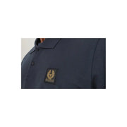 Navy blue textured long sleeve cotton polo shirt with black and gold Belstaff logo patch on chest B 44827