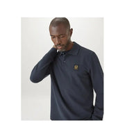 Navy blue belstaff men long sleeve cotton polo shirt with gold embroidered logo patch on the chest