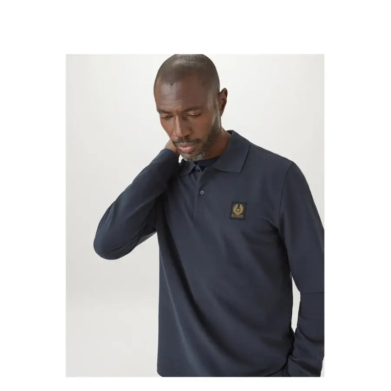 Navy blue belstaff men long sleeve cotton polo shirt with gold embroidered logo patch on the chest