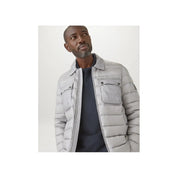 Belstaff men long sleeve cotton polo blue paired with light gray quilted puffer jacket with structured collar and flap pockets