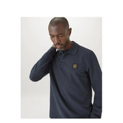 Navy blue belstaff men long sleeve cotton polo shirt with gold embroidered logo patch on the chest