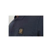 Navy blue textured long sleeve cotton polo shirt with black and gold Belstaff logo patch on chest B 44827