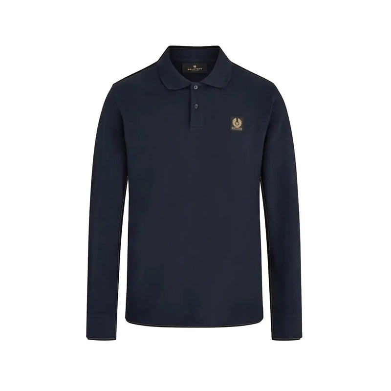 Belstaff men long sleeve cotton polo blue with dark navy color and gold embroidered logo on the chest and buttoned collar