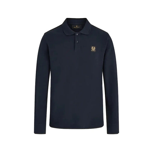 Belstaff men long sleeve cotton polo blue with dark navy color and gold embroidered logo on the chest and buttoned collar