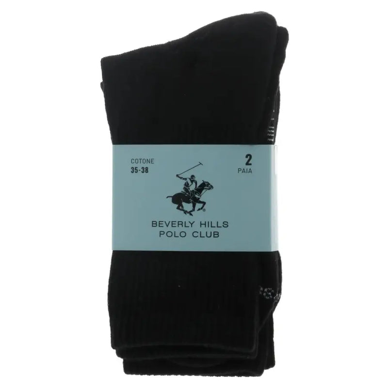 Beverly Hills Polo Club black cotton blend men’s socks packaged with a light blue label featuring the brand logo