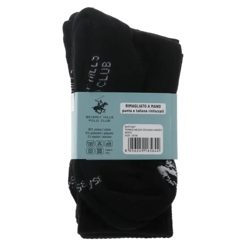 Black beverly hills polo club tennis socks with white lettering and reinforced toe and heel for men cotton blend