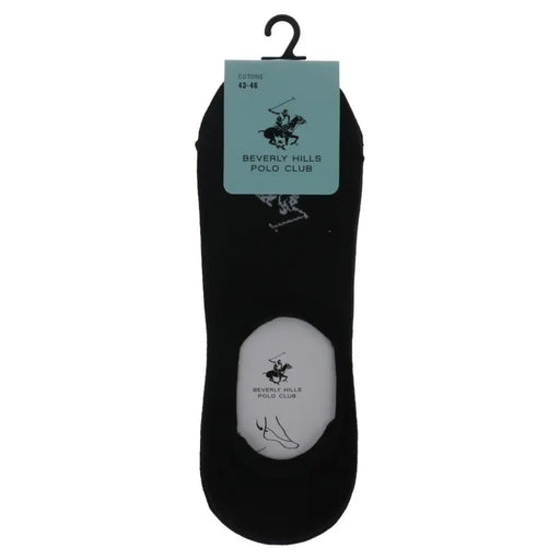 Black beverly hills polo club cotton ankle socks with white logo and foot outline on the heel back side visible