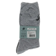 Gray heathered socks with black embroidered logo on ankle in branded packaging from beverly hills polo club white and gray pack
