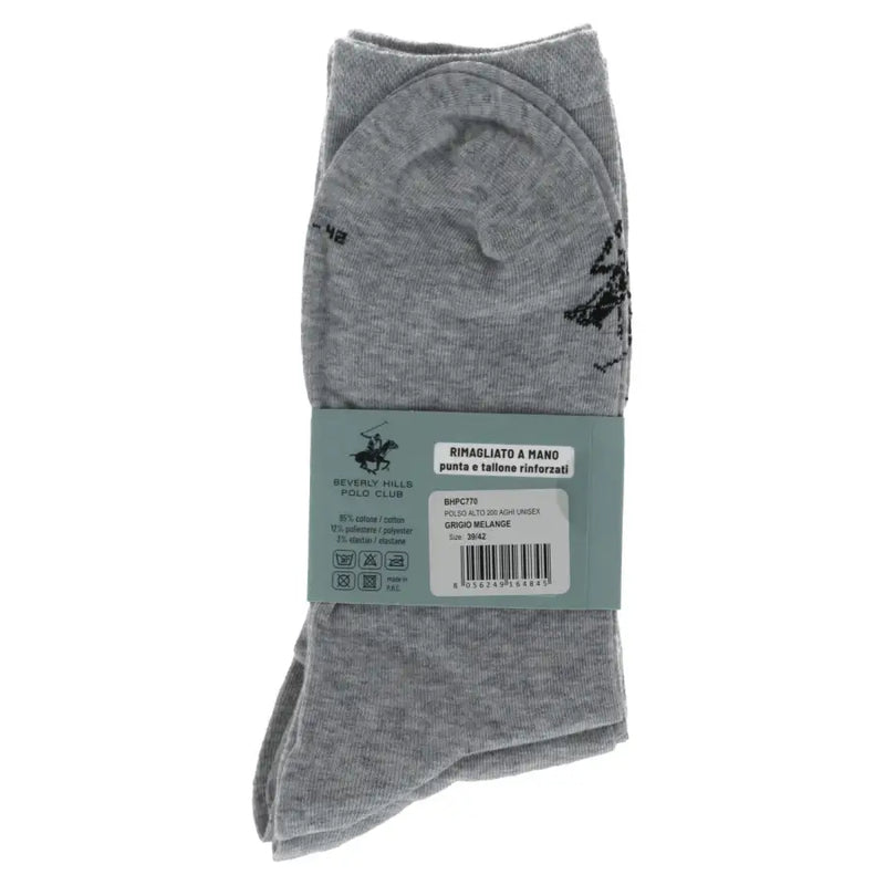 Gray heathered socks with black embroidered logo on ankle in branded packaging from beverly hills polo club white and gray pack
