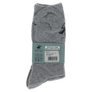 Gray heathered socks with black embroidered logo on ankle in branded packaging from beverly hills polo club white and gray pack