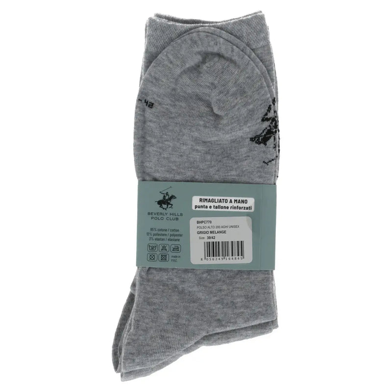 Gray heathered socks with black embroidered logo on ankle in branded packaging from beverly hills polo club white and gray pack