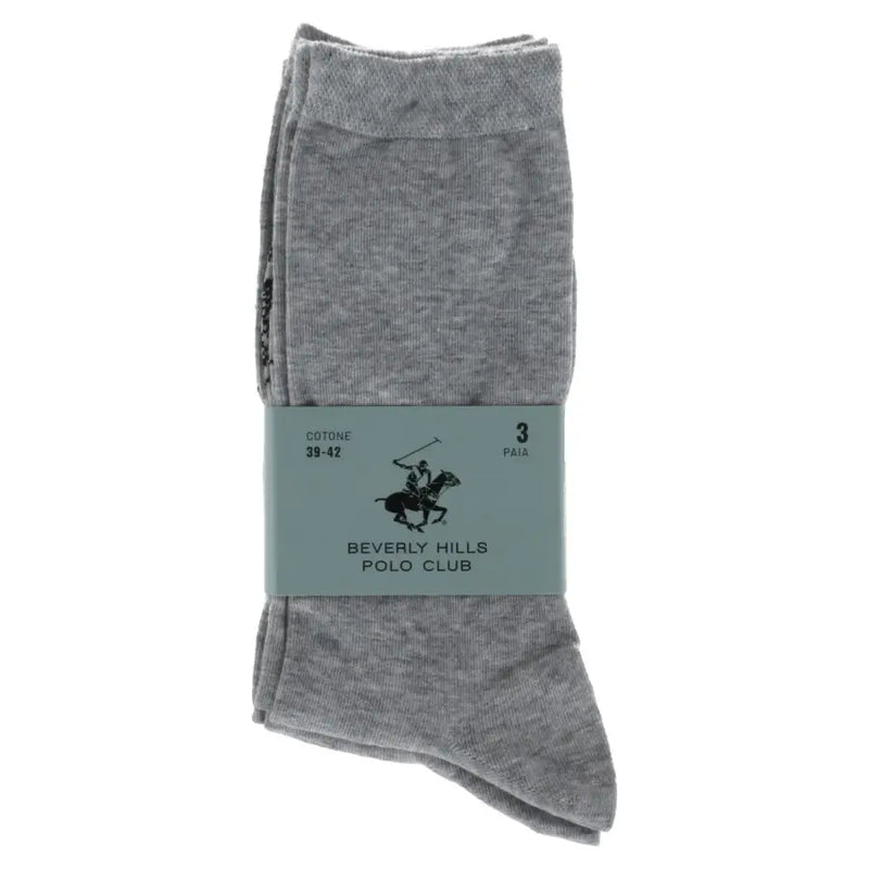 Gray heathered cotton socks in a pack with a light green band featuring the beverly hills polo club logo