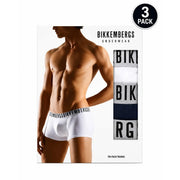 Weiß bikkembergs Herren-Unterwäsche, Dreierpack, Baumwoll-Stretch-Trunks mit schwarzem Logo-Besatz, von vorne sichtbar