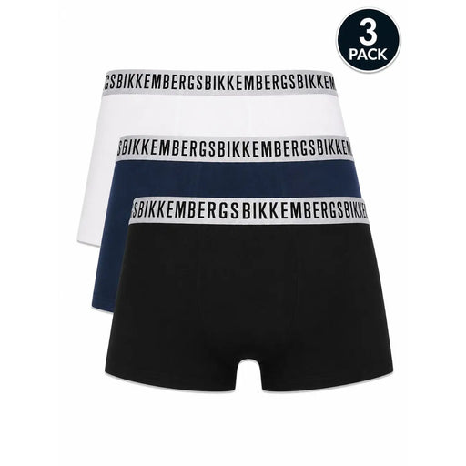 Three-pack of bikkembergs men underwear boxer briefs in white navy blue and black cotton stretch with logo waistband