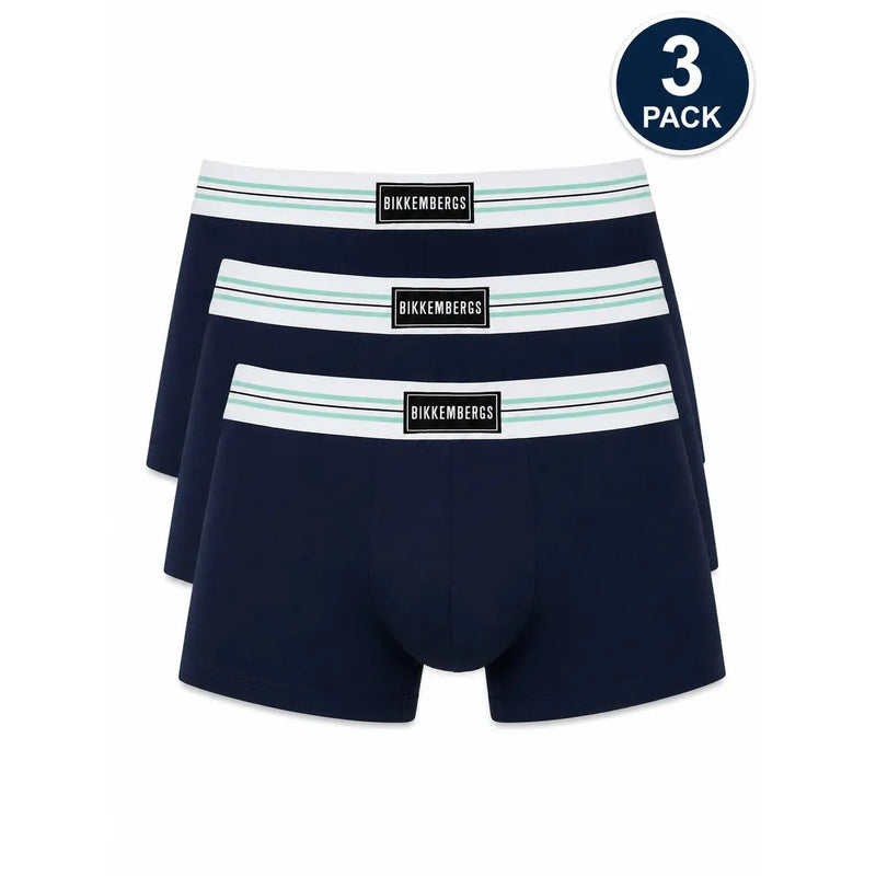 Navy blue bikkembergs mens boxer briefs with white and light green striped waistband made of stretch cotton