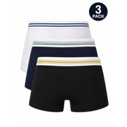 Three-pack of bikkembergs mens white cotton stretch boxer briefs in white navy blue and black with striped waistbands