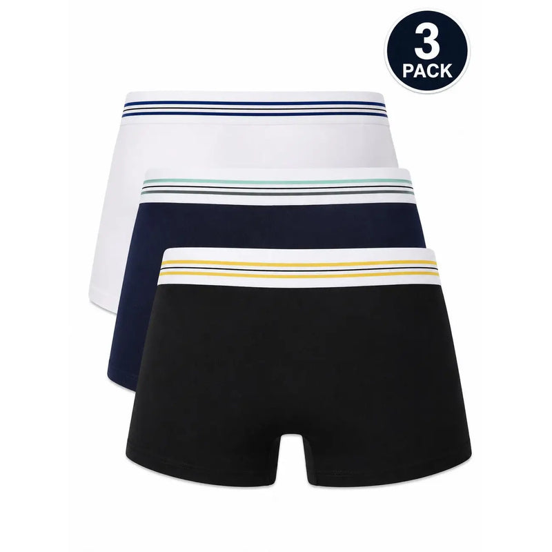 Three-pack of bikkembergs mens white cotton stretch boxer briefs in white navy blue and black with striped waistbands
