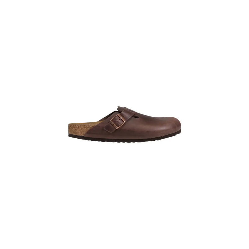 Sandales Birkenstock Boston pour homme en cuir marron, avec semelle intérieure en liège et boucle métallique, style sabot.